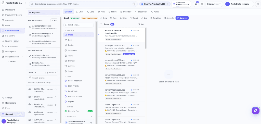 Portal 360 Communication Centre showing inbox and threads